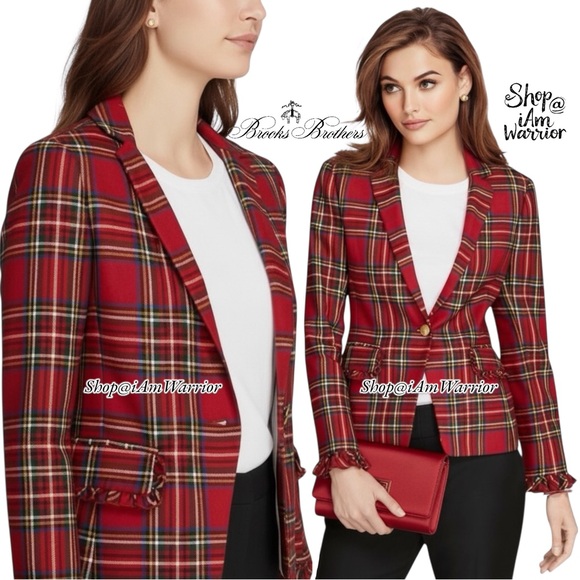 Brooks Brothers red tartan plaid ruffle trimmed sleeve blazer *shop@iamwarrior - Picture 1 of 12